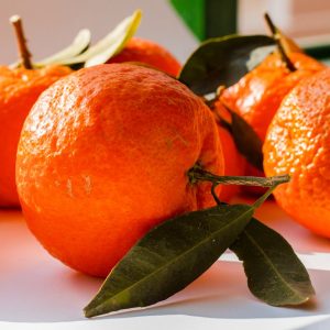 Bright close-up of fresh organic oranges with green leaves in natural sunlight.